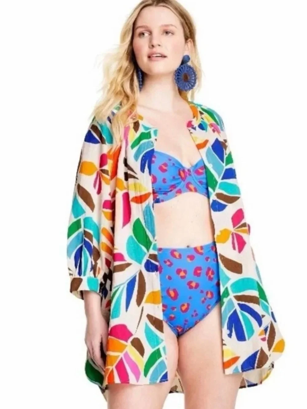 Bright Multicolor Leaf-Print Tunic Dress - Women's Plus - Picture 2 of 11